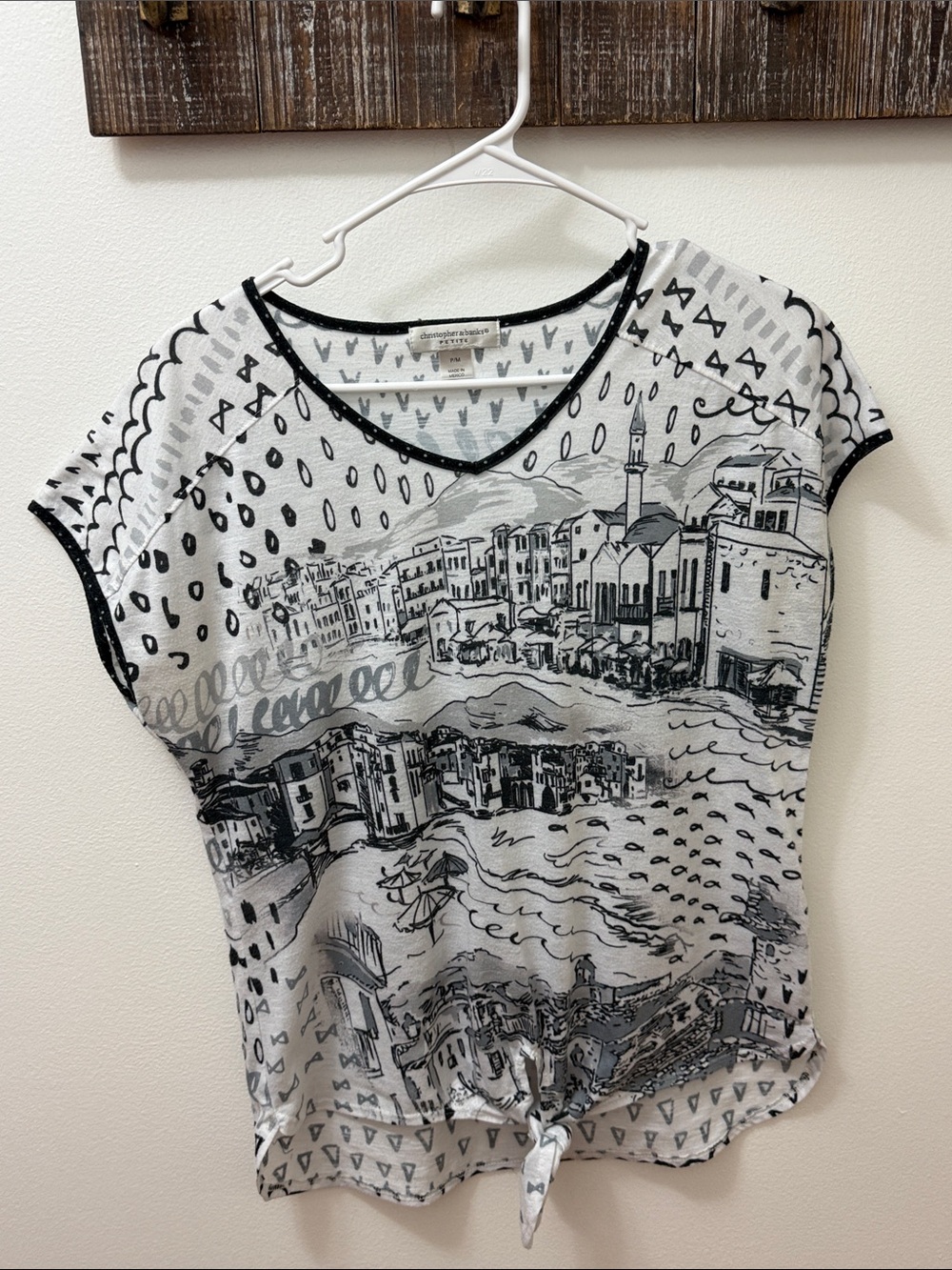 Christopher & Banks Black and White Sketch-Print Tie-Front Tee